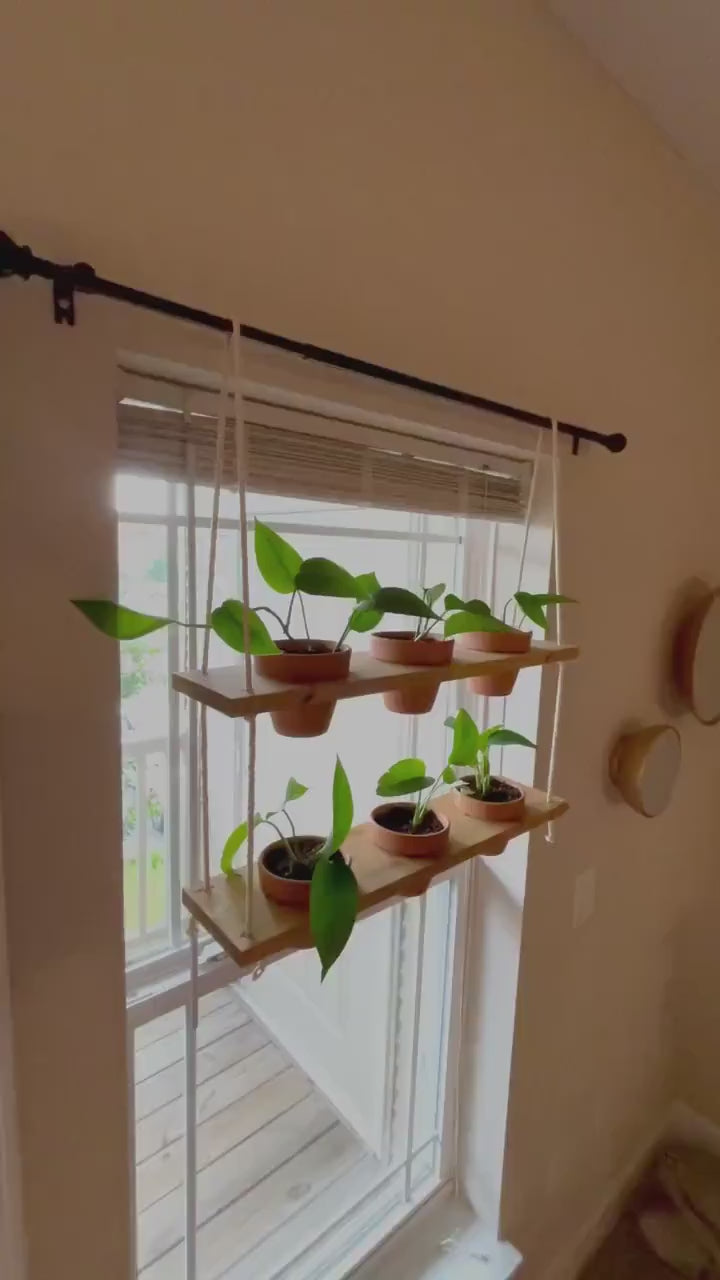 Hanging Plant Shelf | Window Garden Shelves | Tiered Plant Shelf | Window Plant Holder | Wood Rope Shelves | Plant Pot Holder Shelf