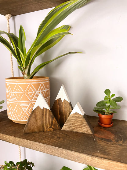 Hand-painted Mini Wood Mountain Decor on a shelf