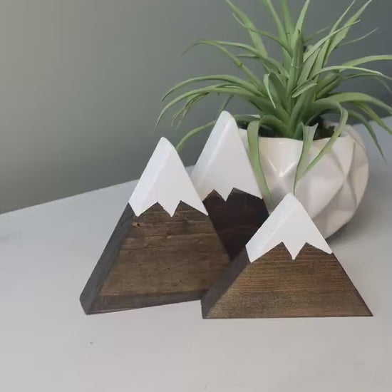 mountain decor handmade on shelf dark stain