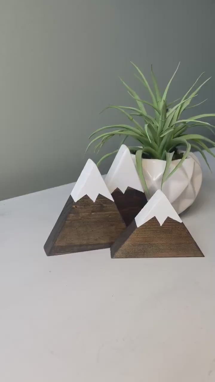 mountain decor handmade on shelf dark stain