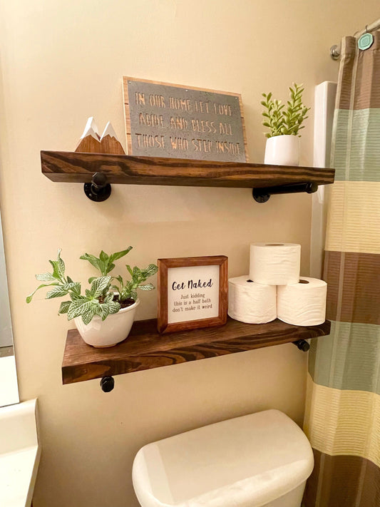 Bathroom Floating Shelf | Farmhouse Shelf | Rustic Wood Shelves | Industrial Pipe Shelf | Kitchen Shelf | Solid Wood Shelf